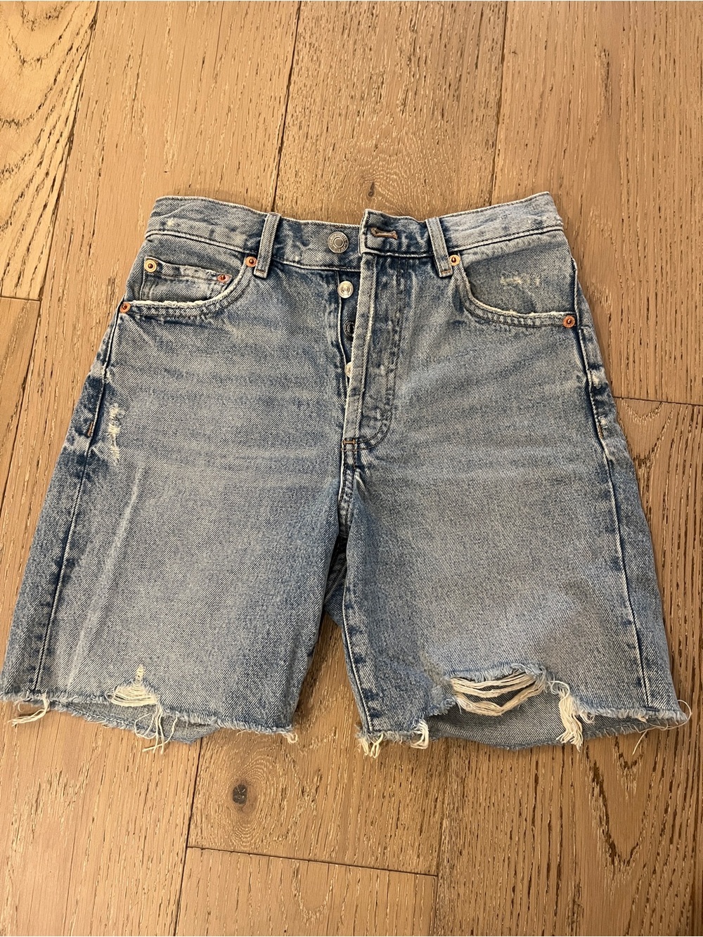 Mango Bermuda Light Blue Distressed Denim Shorts